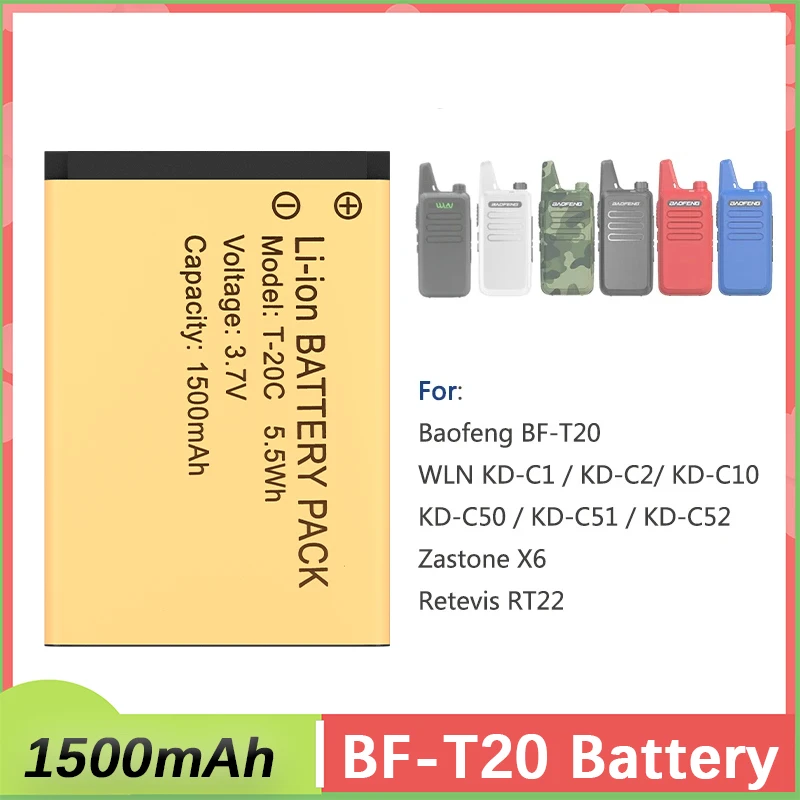 BF-T20 Walkie Talkie Battery T-20C WLN KD-C1 KB-5C Rechargable Batteries 1500mAh DC 3.7V Original For KD-C2 KD-C10 KD-C50 RT22S