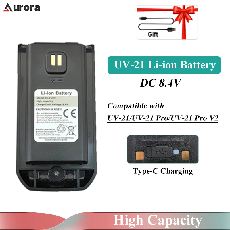 Baofeng UV-21 Pro V2 Li-ion Battery Original High Capacity DC 8.4V Typc-C Charging UV21 Pro Two Way Radio Batteries Replacements