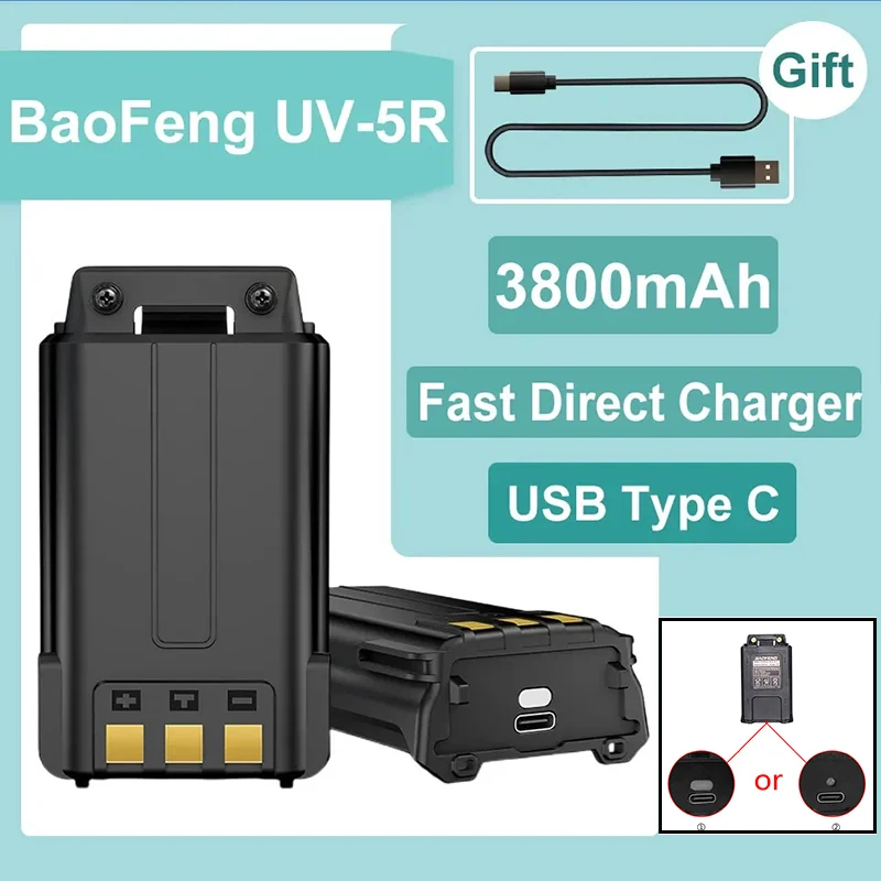 Baofeng UV-5R 3800mAh Battery Thicker Original Enlarge USB C UV-5R BF-F8HP UV-5RE UV-5X3 Walkie Talkie Li-ion Extended Battery