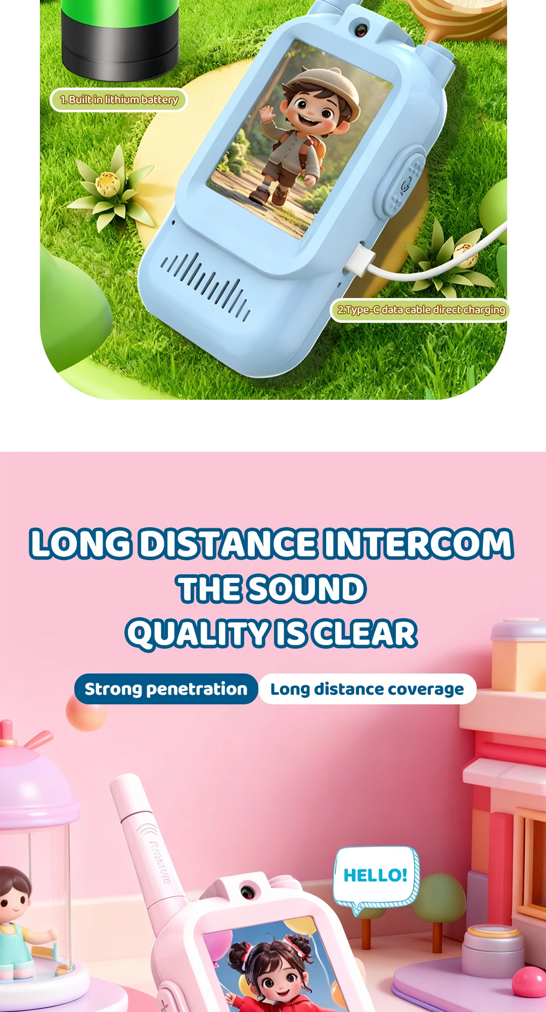2 PCS Kids Video Walkie Talkie Variable Sound USB Charging Children Indoor Outdoor Toys for Travel Birthday Boys Girls Gifts New
