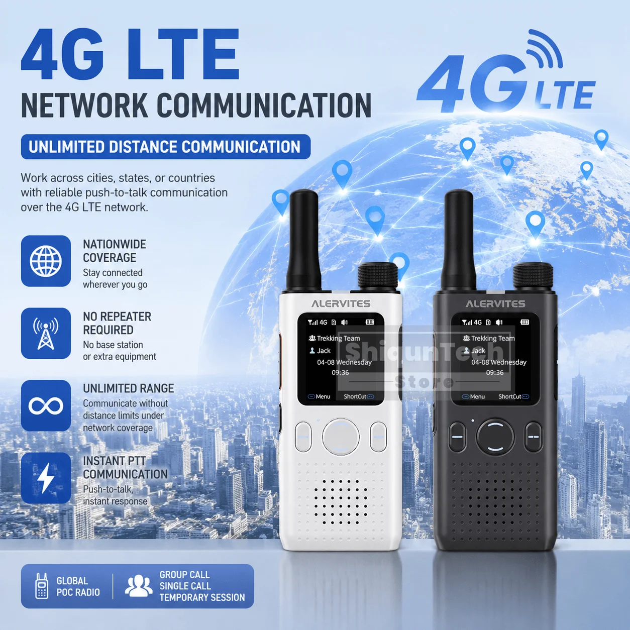 ALERVITES AT1 Global PoC Radio Baofeng Walkie Talkie 4G LTE SIM Card Lifetime Free APP Setting Unlimited Distance USB-C Charging