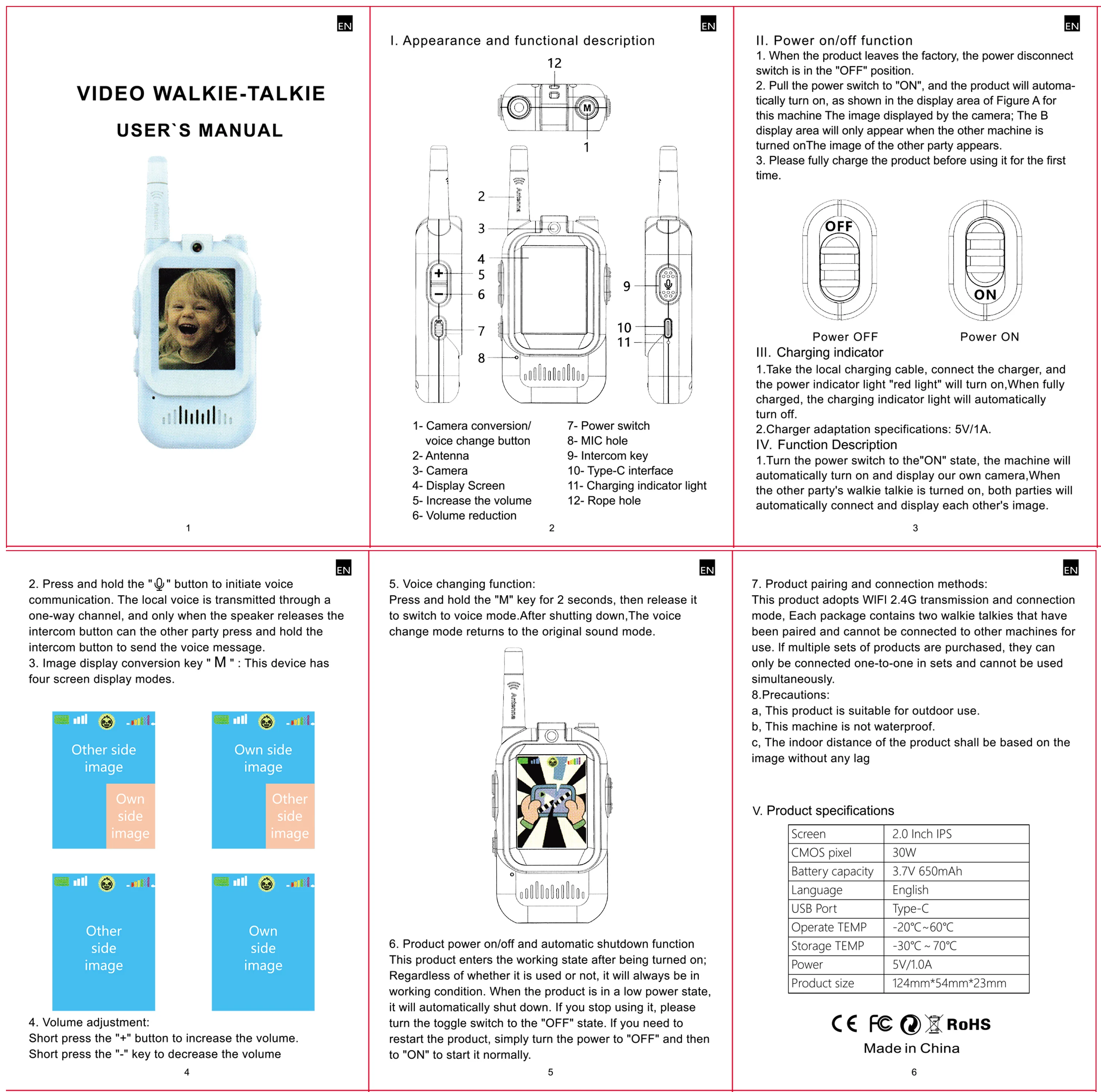 2PC Children's Video Walkie-talkie HD Walkie-talkie Charging Indoor Outdoor Entertainment Kids Toys Festival Gifts