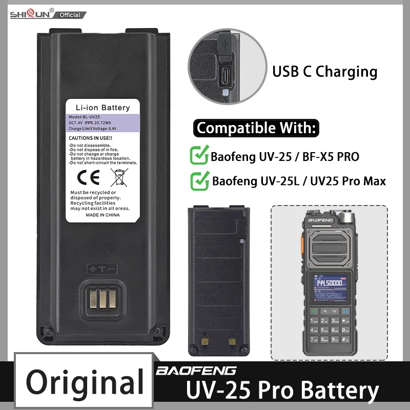 Original Baofeng UV 25 Li-ion Battery UV-25 Pro Max BL-UV25 High Capacity USB C Replacement Battery For BF-X5 UV-25L Ham Radio