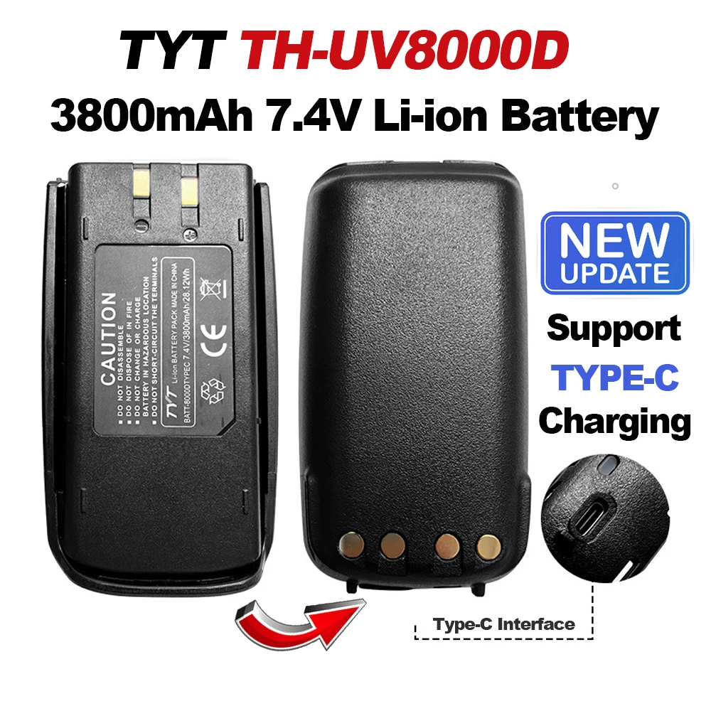 New Upgraded TYT TH-UV8000D Battery 3800mAh 7.4V Support Type-C Charging Li-ion Battery Pack For TH-UV8000E TC-8000 LB-75L Radio