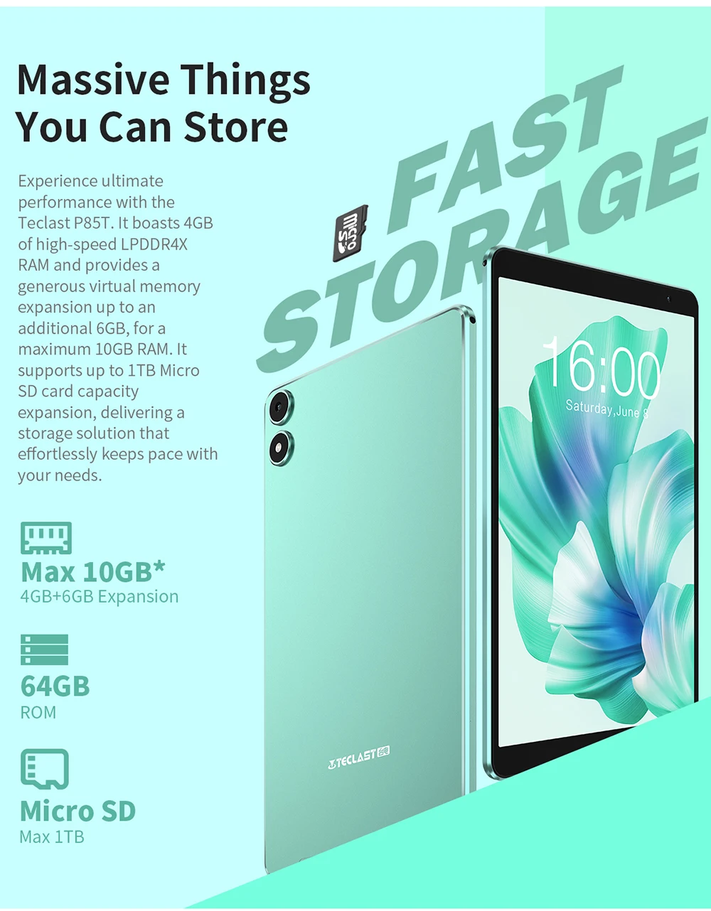 Teclast P85T Tablet A523 8-Core CPU/8inch 1280*800 HD IPS/12GB (4GB+8GB)RAM/64GB ROM/5000mAh Type-C/Android 14/WiFi6+BT5.2