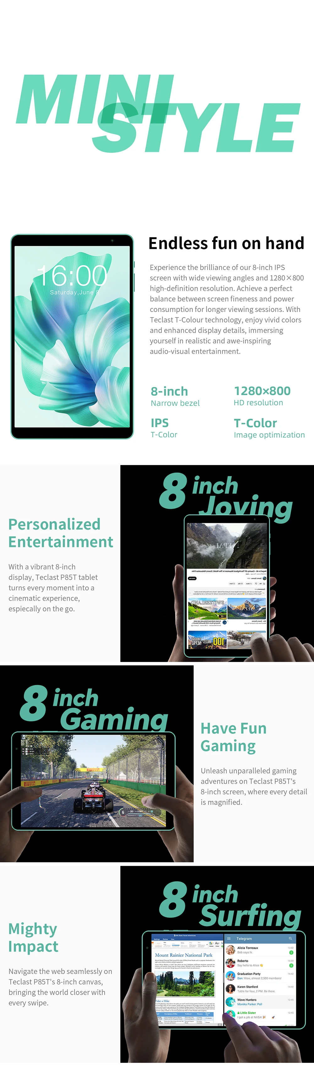 Teclast P85T Tablet A523 8-Core CPU/8inch 1280*800 HD IPS/12GB (4GB+8GB)RAM/64GB ROM/5000mAh Type-C/Android 14/WiFi6+BT5.2