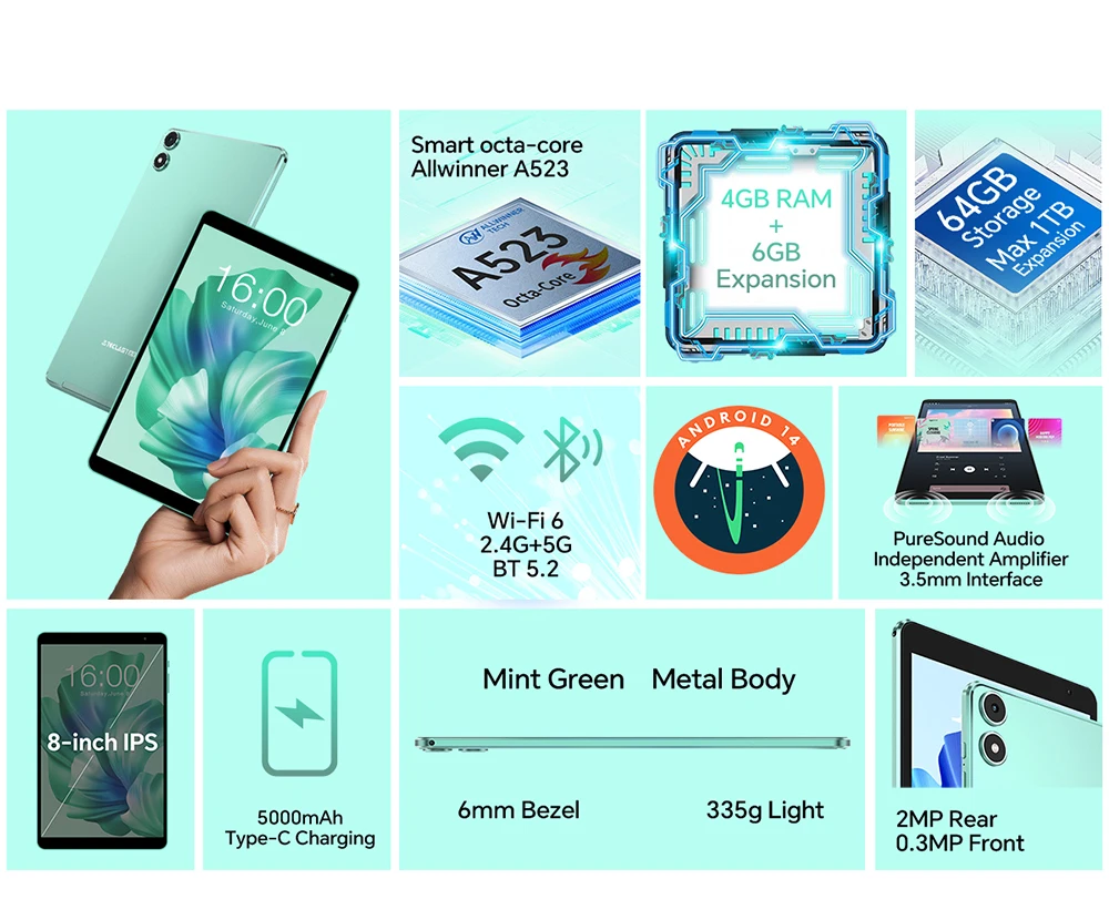 Teclast P85T Tablet A523 8-Core CPU/8inch 1280*800 HD IPS/12GB (4GB+8GB)RAM/64GB ROM/5000mAh Type-C/Android 14/WiFi6+BT5.2