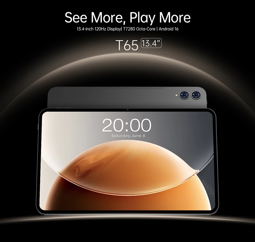 Teclast T65 Tablet 13.4" 2K 120Hz Dsiplay Unisoc T7280 Octa Core Max 26GB RAM 128GB ROM 8000mAh Battery Android 16 Lte Tablets