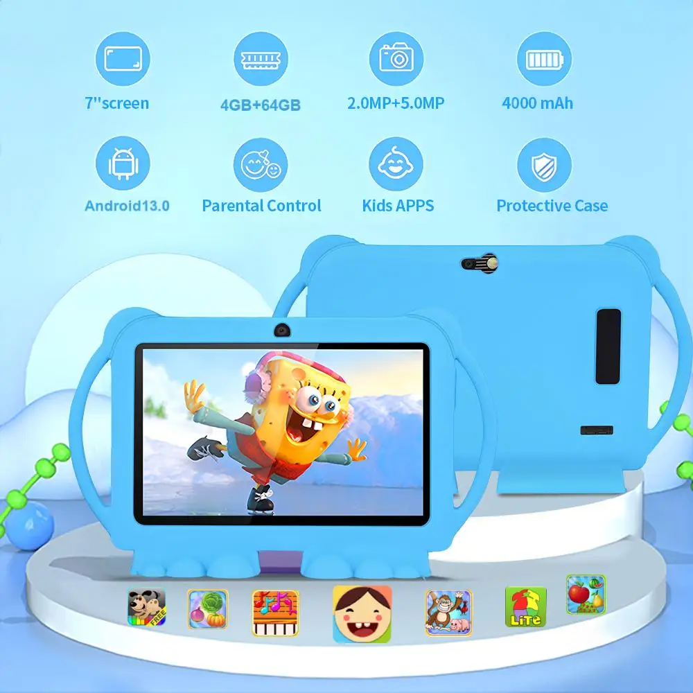 2026 New 7 Inch Kids Tablet with Cartoon Proof Case 5G WiFi Google Learning Education Tablet PC 4GB RAM 64GB ROM 4000mAh