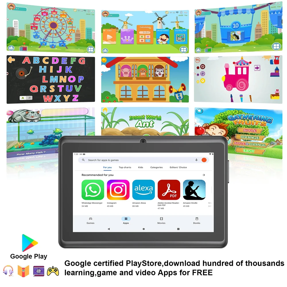 2026 New 7 Inch Kids Tablet with Cartoon Proof Case 5G WiFi Google Learning Education Tablet PC 4GB RAM 64GB ROM 4000mAh