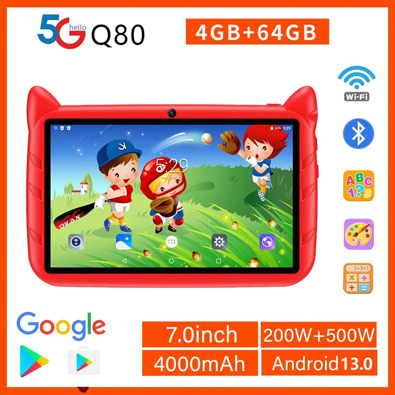 New 7 Inch 5G WiFi Kids' Tablets Quad Core 4GB RAM 64GB ROM Dual Cameras Android 13.0 Learning Education Tablet PC 4000mAh
