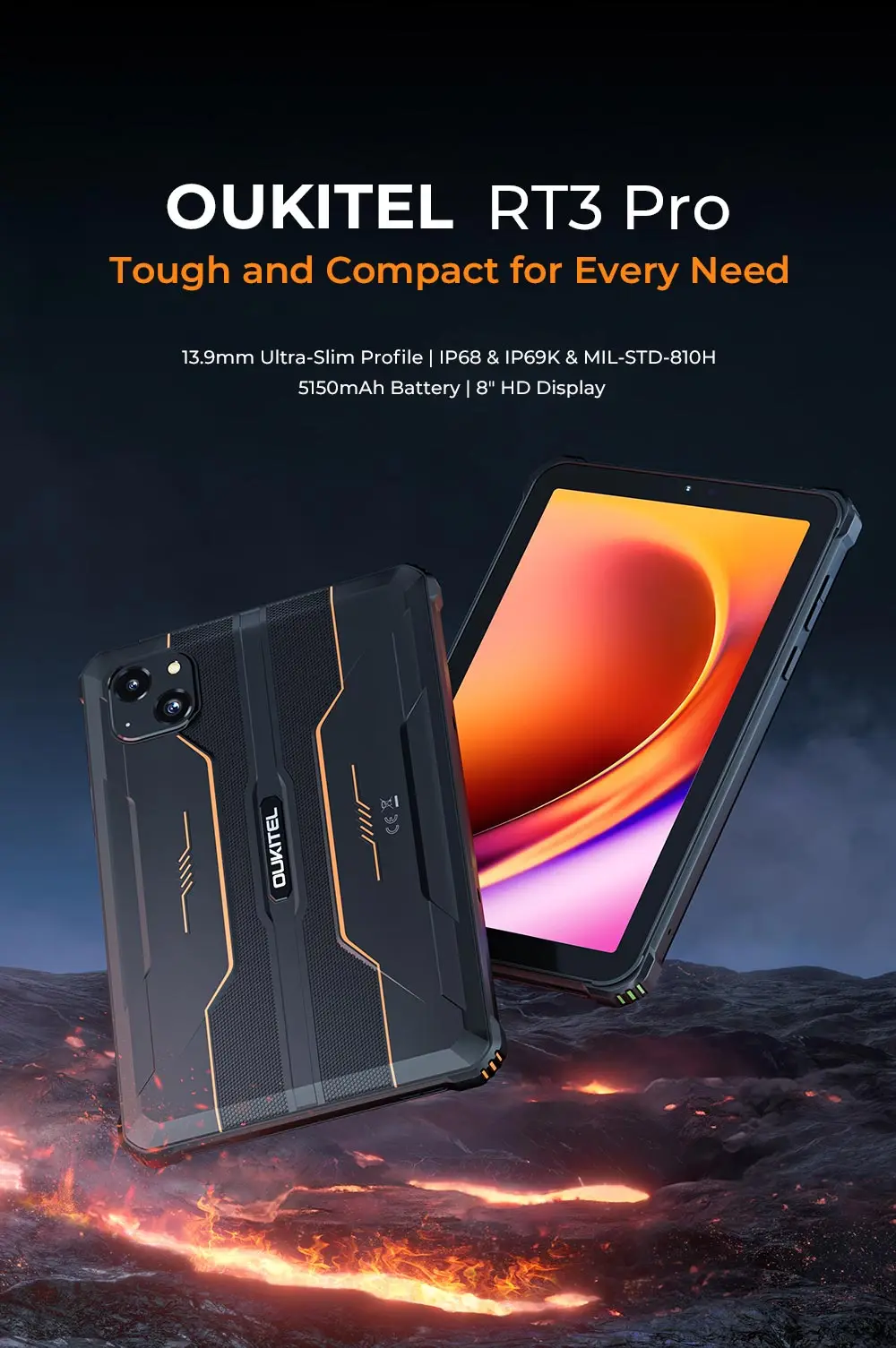 Oukitel RT3 PRO 5150mAh Battery 16GB+128GB 8"HD Display 13.9mm Ultra-Slim Profile IP68 &IP69K & MIL-STD-810H
