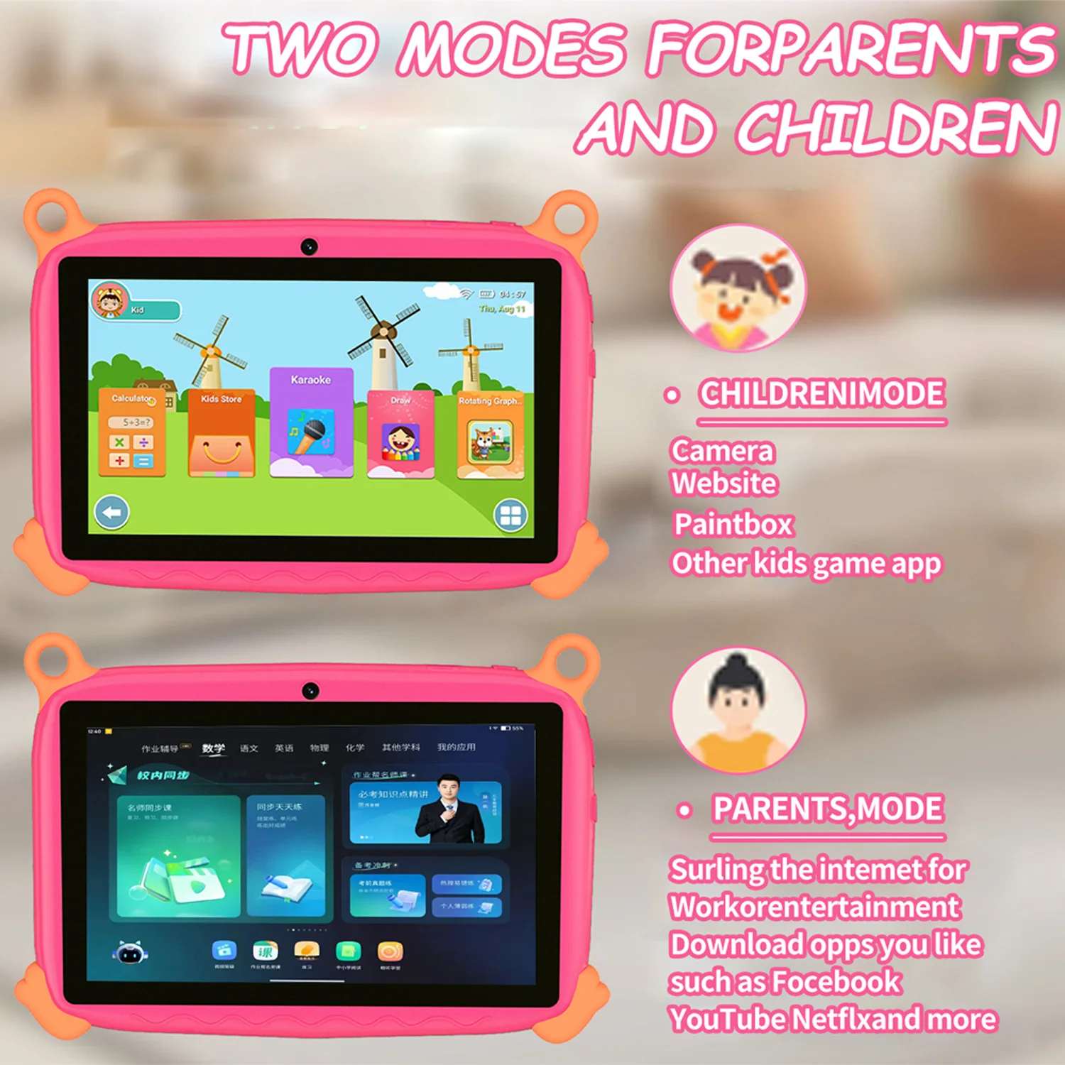 2026 Hot Sales 7 Inch Cartoon Kids Tablets Quad Core Android 13.0 System, 4GB+64GB Memory, WiFi Bluetooth Type-C Tablet 4000mAh