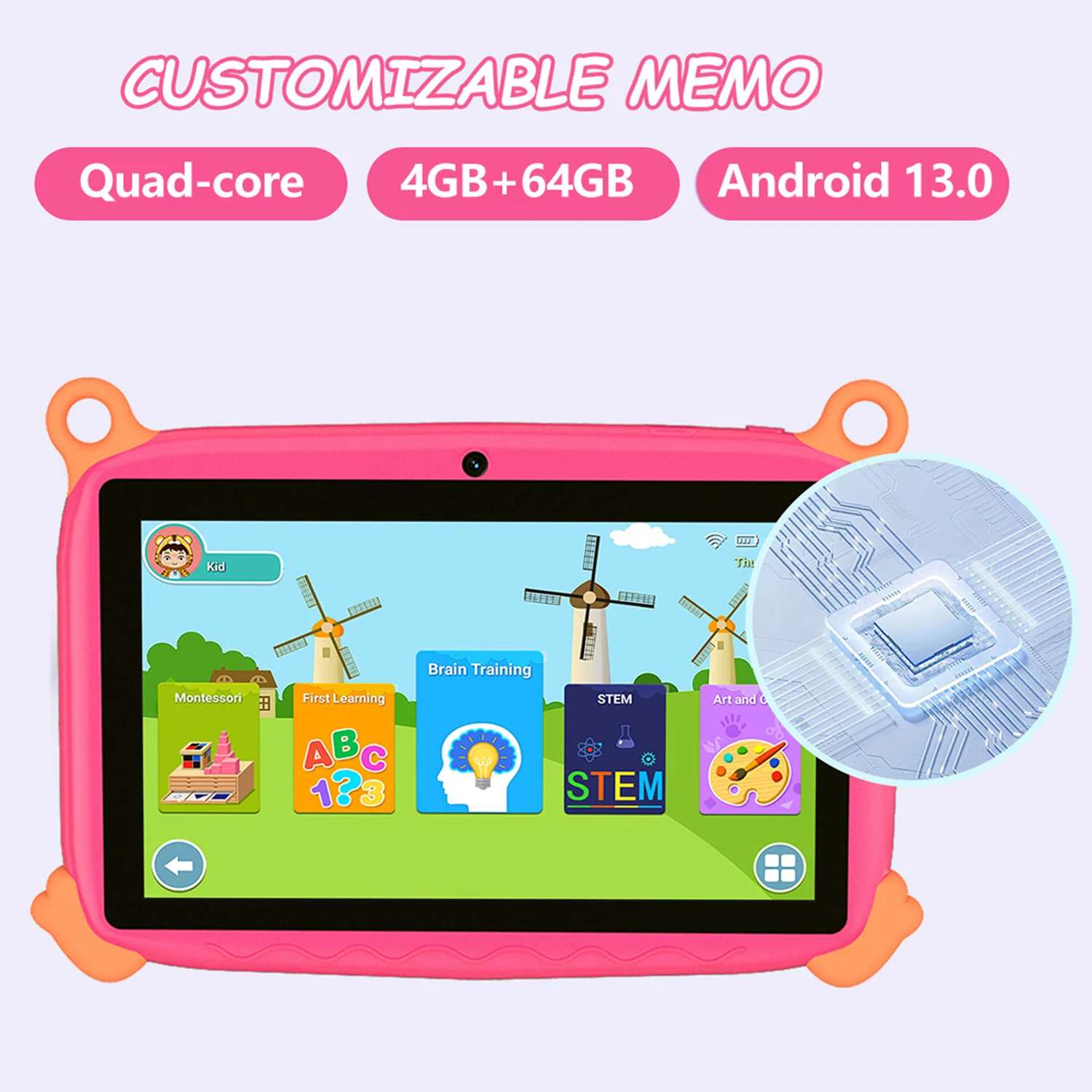 2026 Hot Sales 7 Inch Cartoon Kids Tablets Quad Core Android 13.0 System, 4GB+64GB Memory, WiFi Bluetooth Type-C Tablet 4000mAh
