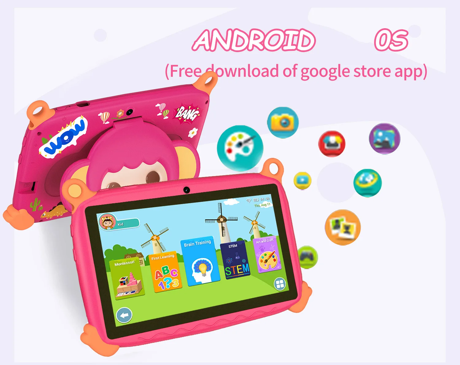2026 Hot Sales 7 Inch Cartoon Kids Tablets Quad Core Android 13.0 System, 4GB+64GB Memory, WiFi Bluetooth Type-C Tablet 4000mAh