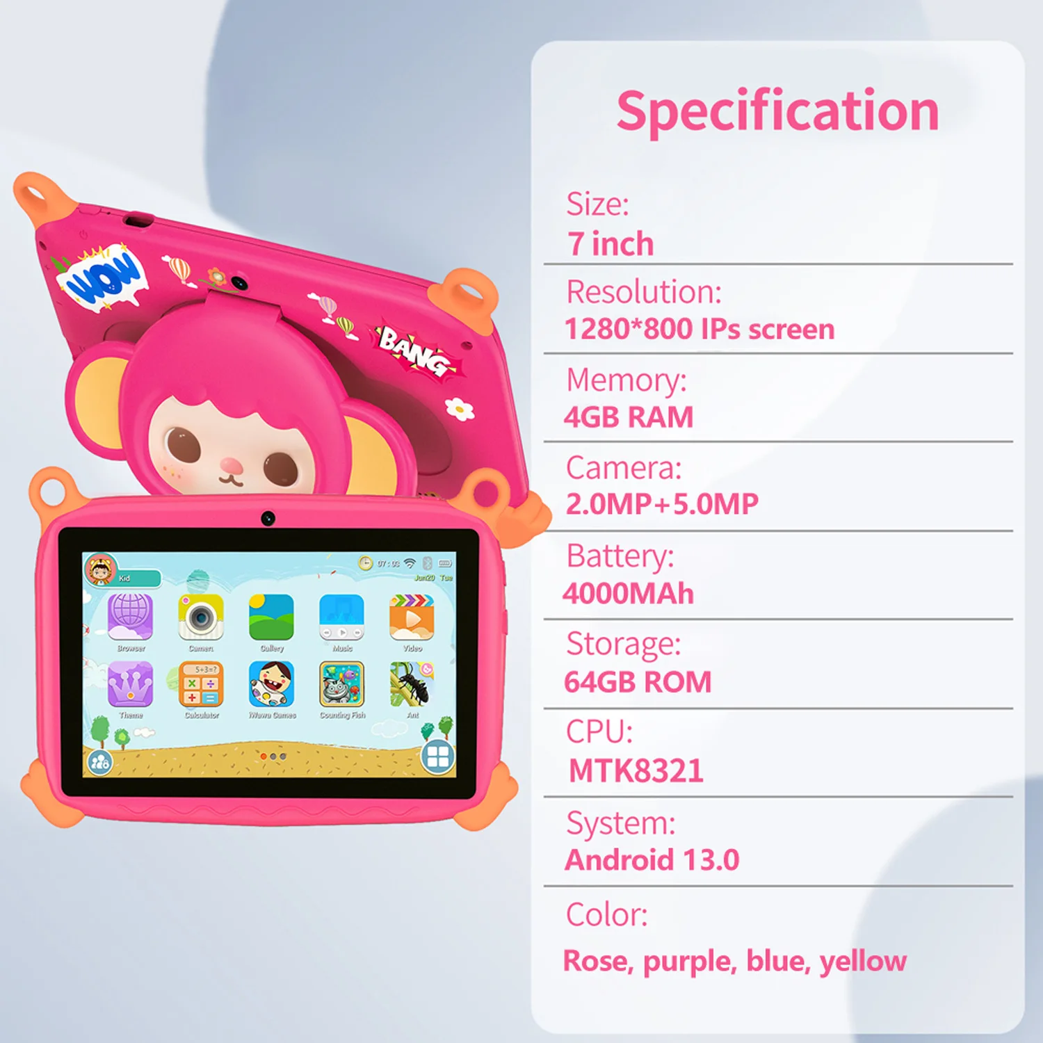 2026 Hot Sales 7 Inch Cartoon Kids Tablets Quad Core Android 13.0 System, 4GB+64GB Memory, WiFi Bluetooth Type-C Tablet 4000mAh