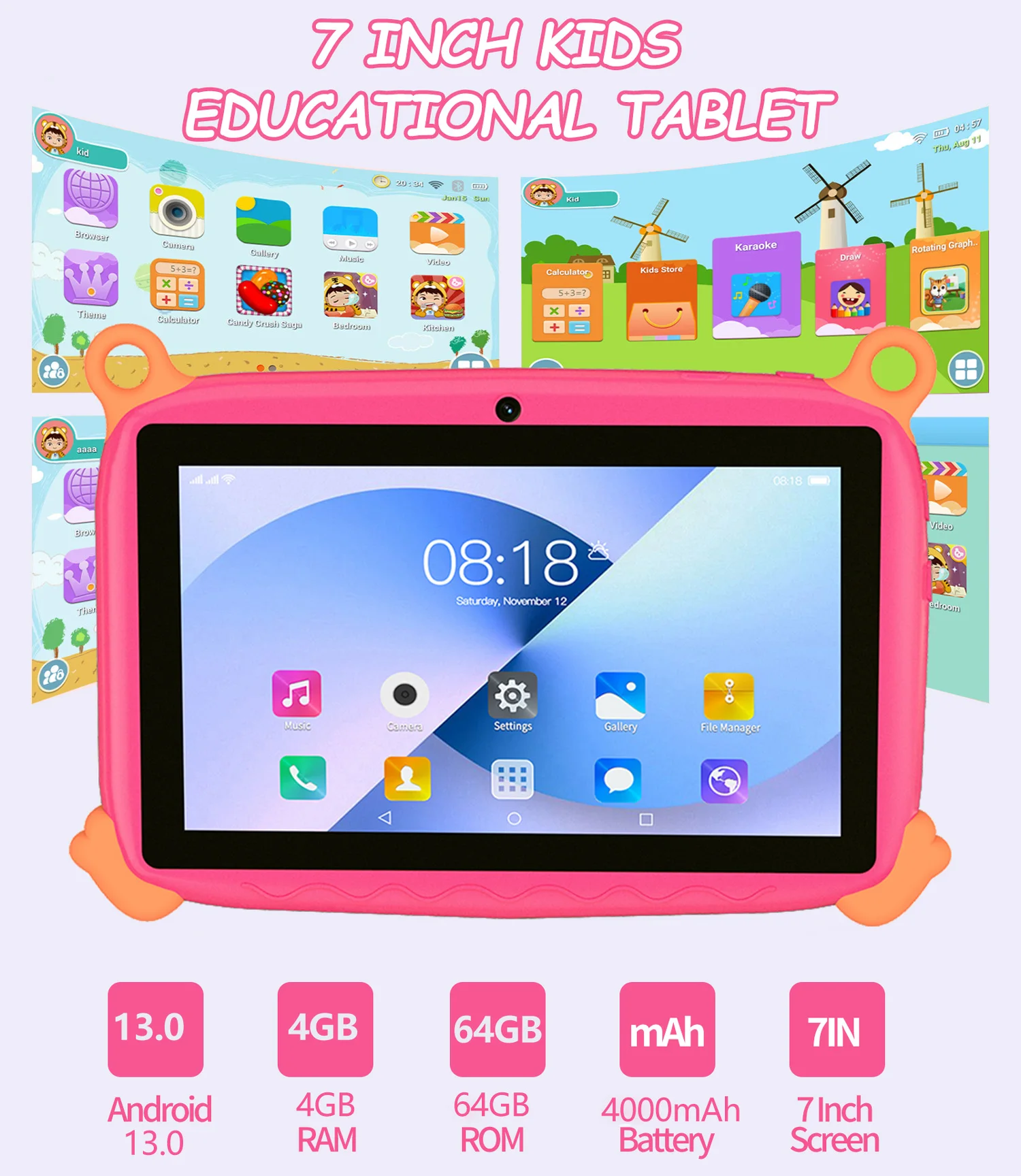 2026 Hot Sales 7 Inch Cartoon Kids Tablets Quad Core Android 13.0 System, 4GB+64GB Memory, WiFi Bluetooth Type-C Tablet 4000mAh