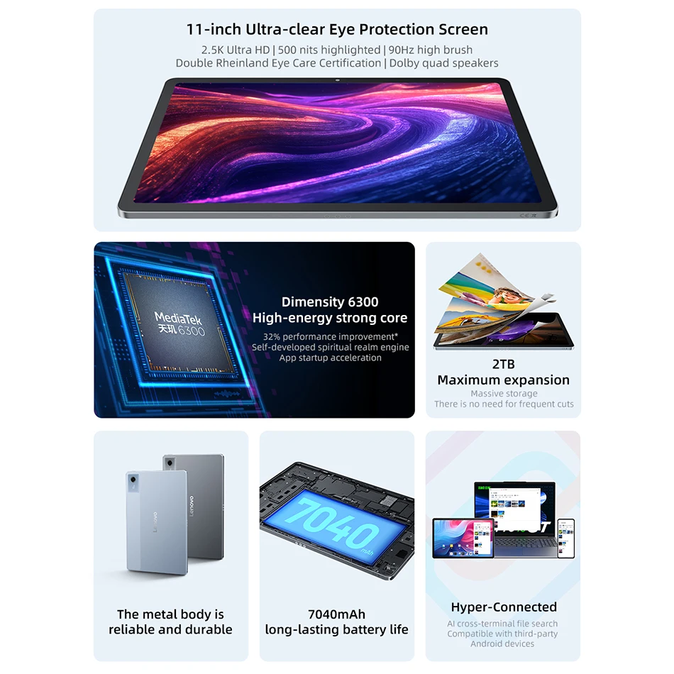 Lenovo Xiaoxin Pad 2025 11'' Tablet 128GB 256GB ROM MediaTek Dimensity 6300 2.5K 90Hz Screen Dolby Atmos 7040mAh Android Tab