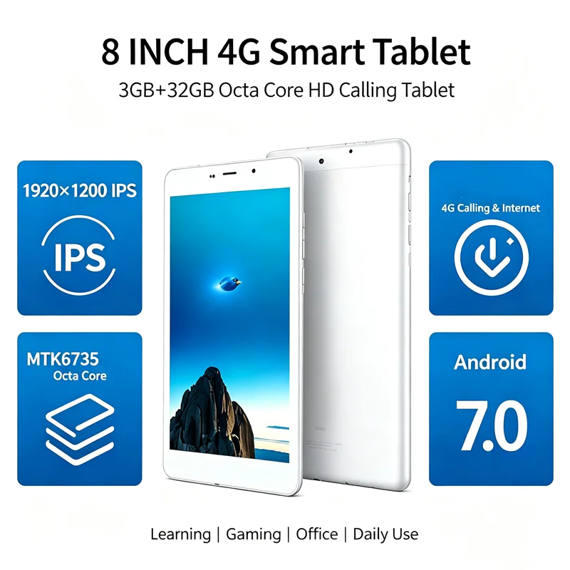 8 INCH Android 7.0 MTK6753 Pocket 4G Phone Call Tablet PC 3GB RAM+32GB ROM WIFI Support Quad Core 1920*1200 IPS Screen