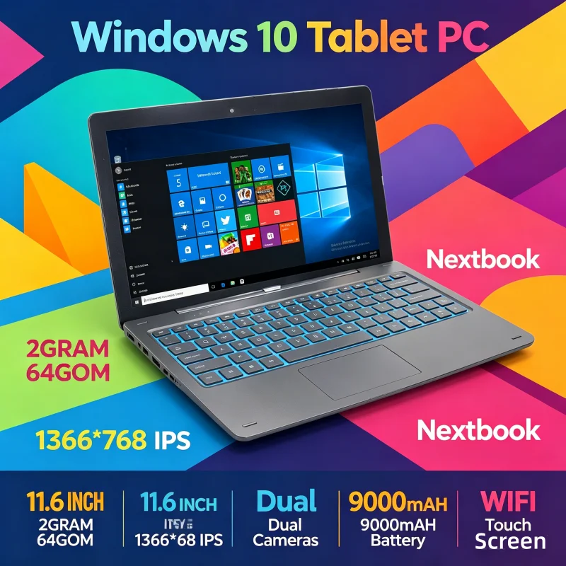 T10 Tablet PC 11.6 INCH 2GB RAM+64GB ROM G12 Windows 10 Dual Cameras Quad Core Touch Screen 9000mAH Battery WIFI 1366*768 IPS
