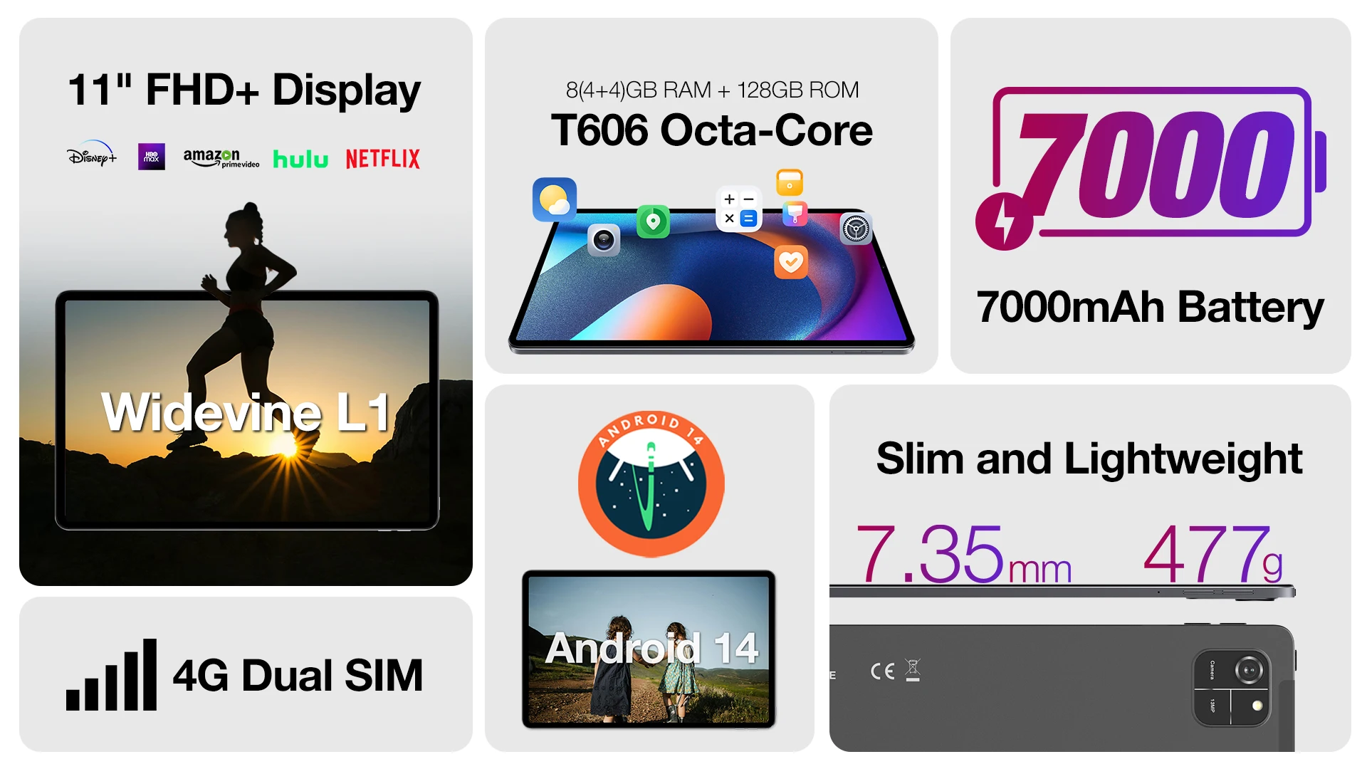 AGM PAD T1 Tablet 10.95 inch 1200*1920 FHD+ Screen 8(4+4)GB RAM 128GB ROM 4G LTE Android 14 Unisoc T606 Tablets Widevine L1