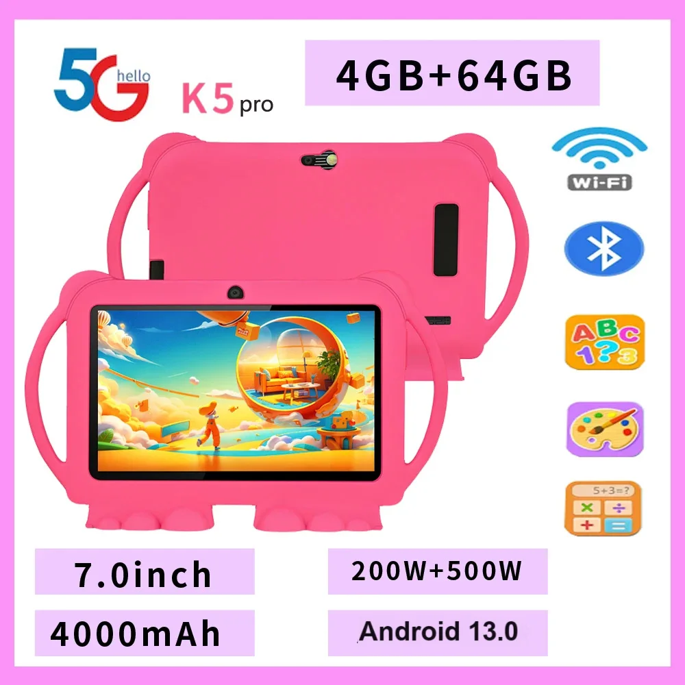 New 5G WIFI 7-inch Children's Tablet 4GB+64GB ROM Mini Pad Quad Core Dual Cameras Kids-Proof Protective Case Tablets Android 13