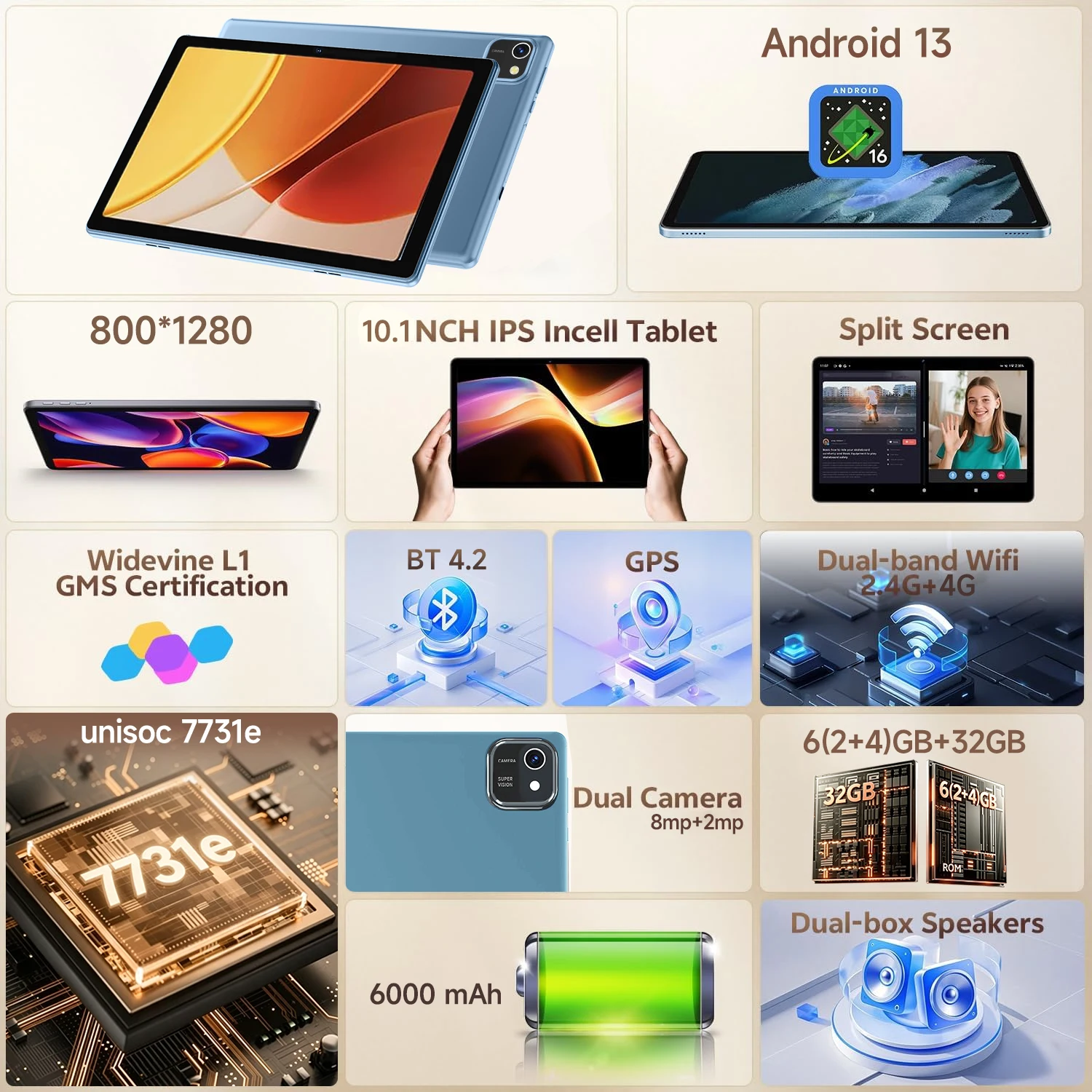 Android13 Tablet,Quad Core,6GB (2GB+4GB Expand) RAM+32GB Storage,1TB Expansion,WiFi,2MP+8MP Camera,6000mAh Battery,10.1" Screen