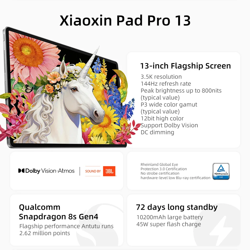 Original Lenovo Xiaoxin Pad Pro 13 144Hz 3.5K Screen Tablet Snapdragon 8s 128GB 256GB Rom 10200mAh Battery PC TB376FC