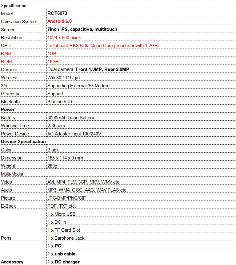 2026 Newest Sales 7 Inch Q1 1GB RAM 16GB ROM RCT6973 Android 6.0 Tablet PC 1024 X 600 Pixels WIFI Quad Core WIFI