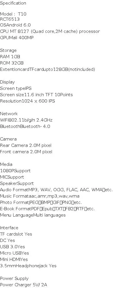 Newest 11.6 INCH T10 MT8127 CPU 1GB ROM 32GB RAM 6513 Android 5.0 Tablet PC WIFI Dual Camera Quad Core Quad Core USB 3.0