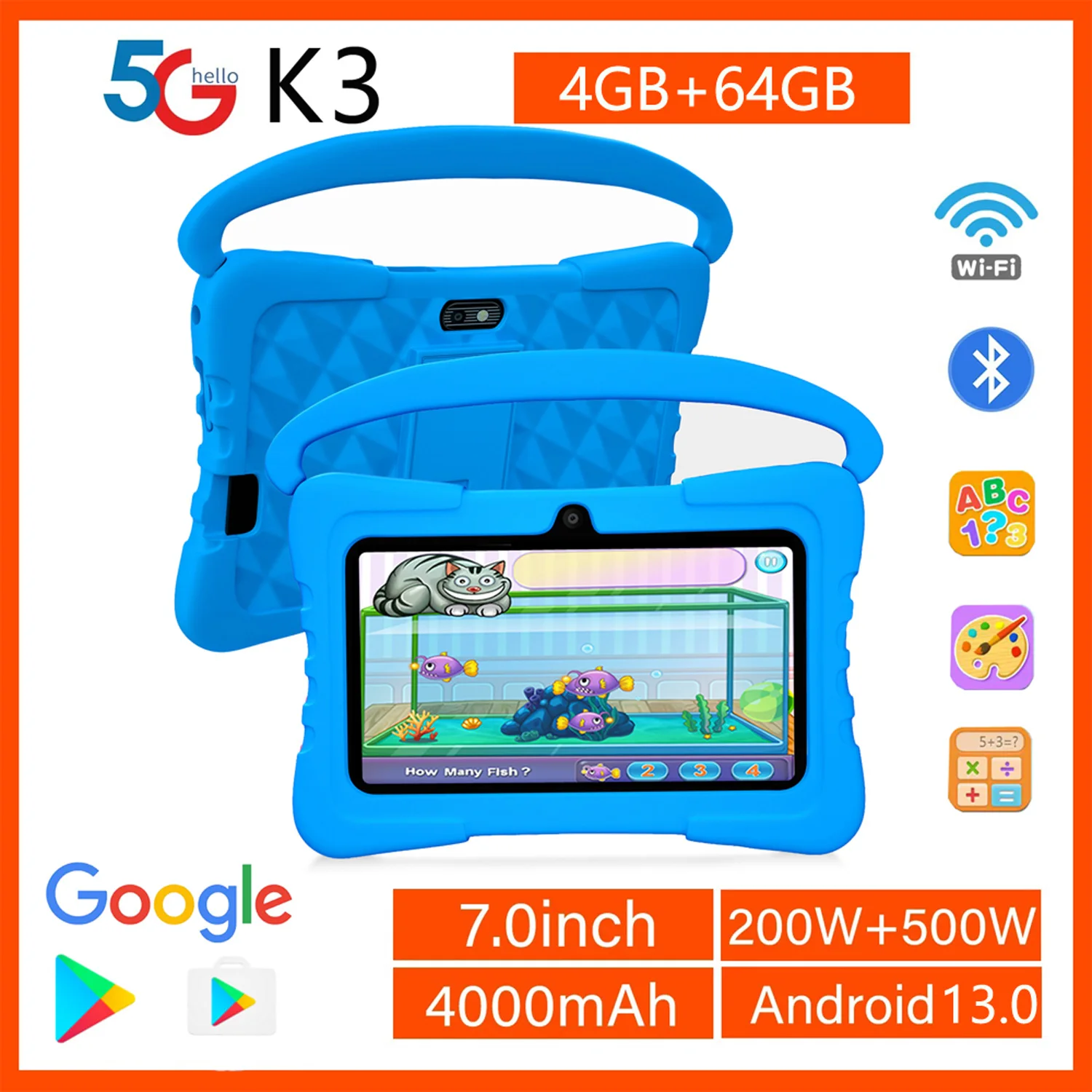 7 Inch Kids Tablet for Children's Best Gifts Quad Core 4GB+64GB ROM Android Tablets Cartoon Portable Kids-Proof Protective Case
