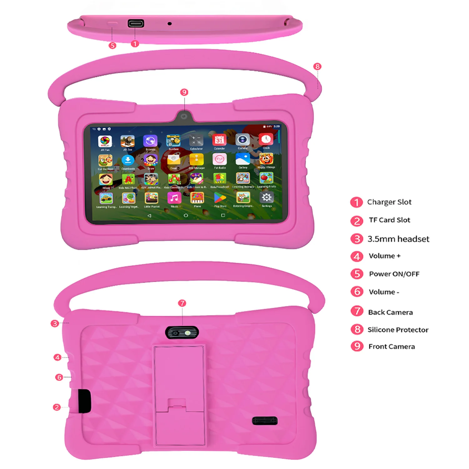 7 Inch Kids Tablet for Children's Best Gifts Quad Core 4GB+64GB ROM Android Tablets Cartoon Portable Kids-Proof Protective Case