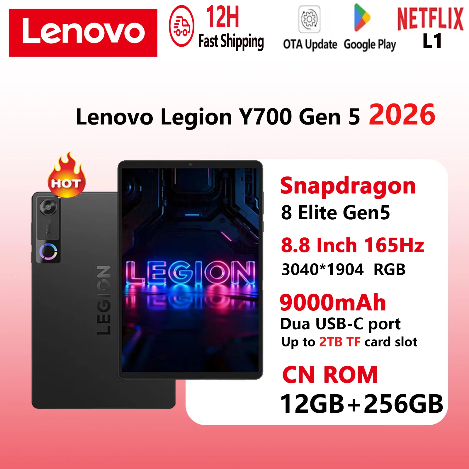 NEW 2026 Lenovo Legion Y700 Gen 5 AI Gaming Tablet TB323FU 8.8" 165Hz Display Snapdragon 8 Elite 9000mAh 256GB 512GB ROM PC