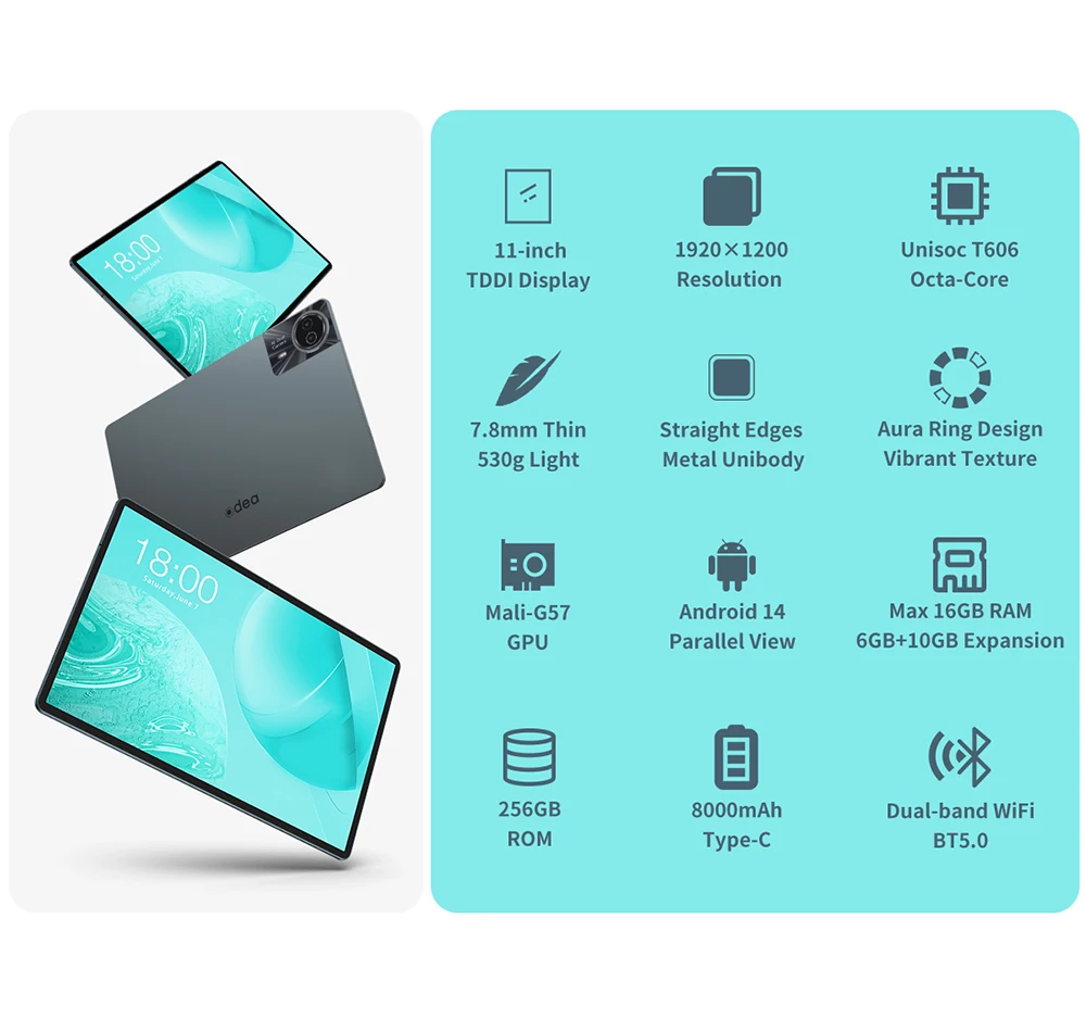 ODEA S11 Tablet 16GB(6GB+10GB) RAM 256GB ROM 11" 1920x1200 IPS T606 8-core Android 14 8000mAh Type-C GPS 4G LTE By Teclast