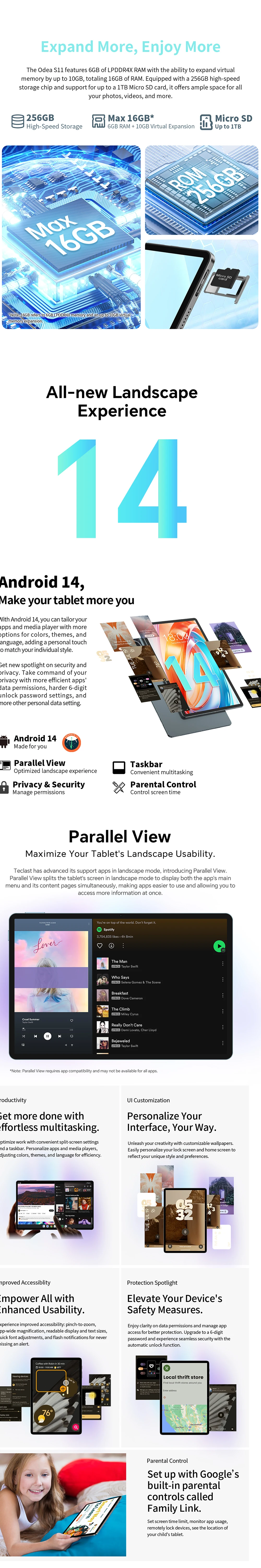 ODEA S11 Tablet 16GB(6GB+10GB) RAM 256GB ROM 11" 1920x1200 IPS T606 8-core Android 14 8000mAh Type-C GPS 4G LTE By Teclast
