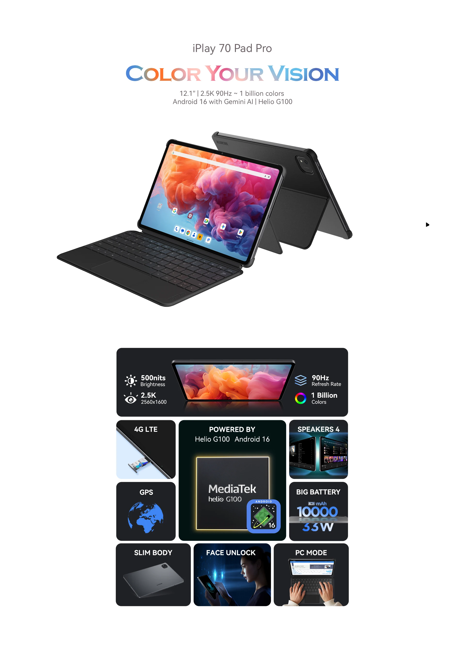 ALLDOCUBE iPlay 70 Pad Pro 12.1'' 2.5K 90Hz Dsiplay MTK G100 16GB RAM 128GB ROM 10000mAh 4G LTE Android 16 Tablet