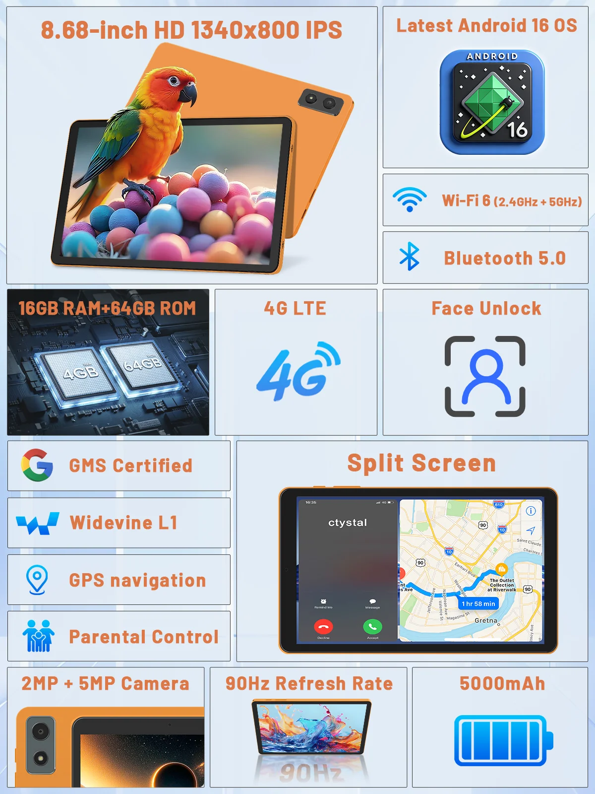 Paitanry Y86 8.7 Inch 4G LTE Phone Call SIM Tablet,Android 16,16GB（4GB+12GB) Virtual RAM,64GB Storage,1TB Expand,Unisco T616,Octa Core,1340x800 HD IPS Screen,90Hz,5000mAh Battery,Dual Camera,2.4G/5G Wifi,Gemini AI,Google Play,GMS Certificated,FACE ID
