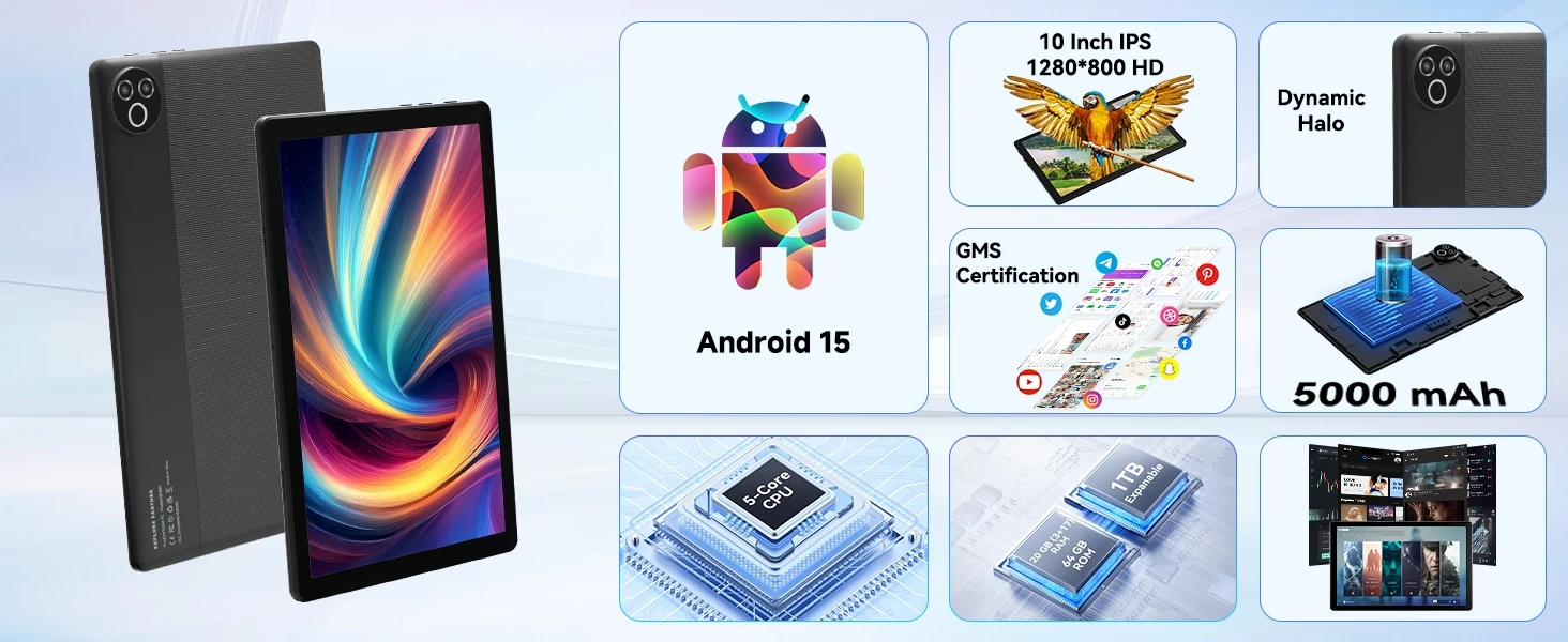 URAO KB1001L 10.1 Inch HD Tablet PC A333 Five-Core Processor Widevine L1 DRM Android 15 20GB(3+17GB) RAM 64GB ROM 5000mAh Battery Front 2MP Rear 5MP Camera All Accessories Kit Kids Study Gaming Streaming Tablet
