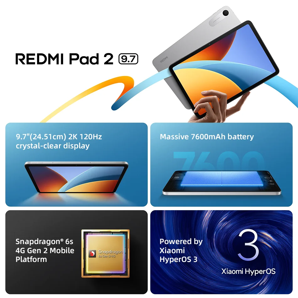 Xiaomi Redmi Pad 2 9.7 Global Version 120Hz 2048 X 1280 Display Snapdragon 6s 4G Gen 2 7600mAh Massive Battery 18W Fast Charging