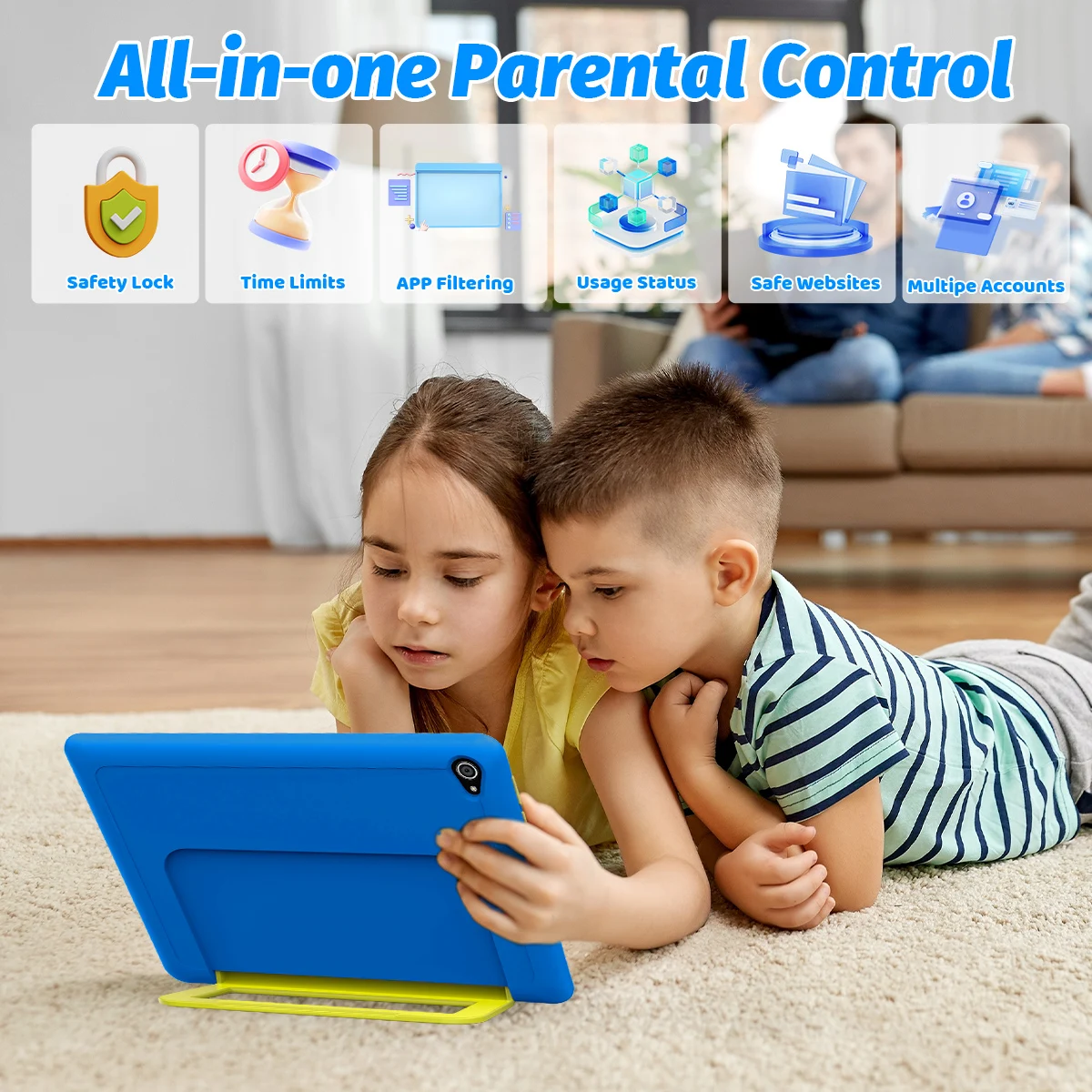 URAO KB1016 10.1 Inch Kids Tablet PC 20GB RAM 64GB ROM Android 16 IPS HD 800*1280 Display 5000mAh Children Learning Tablet Support TF Card 1TB Expand Back To School Educational Kids Tablet Purple & Blue