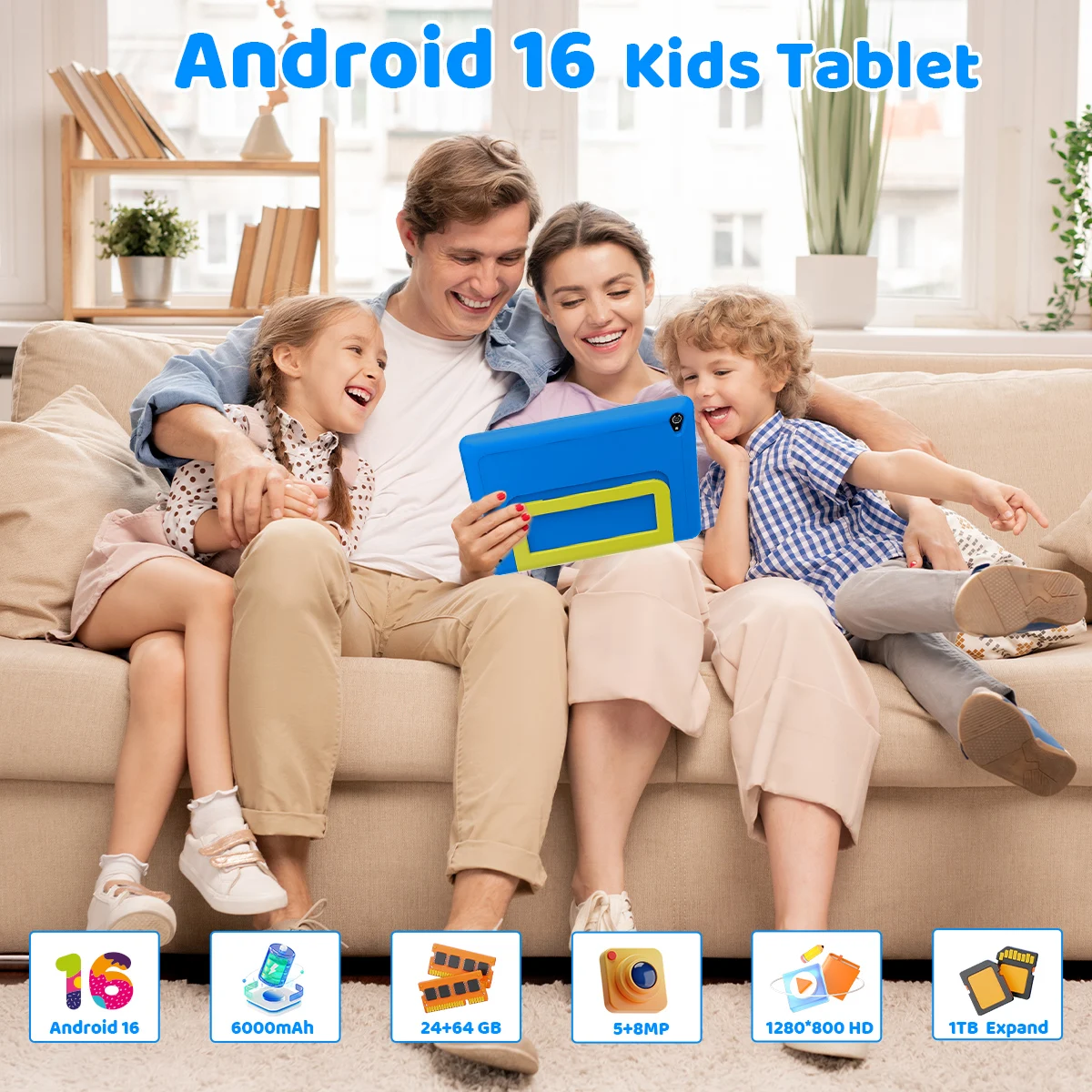 URAO KB1016 10.1 Inch Kids Tablet PC 20GB RAM 64GB ROM Android 16 IPS HD 800*1280 Display 5000mAh Children Learning Tablet Support TF Card 1TB Expand Back To School Educational Kids Tablet Purple & Blue