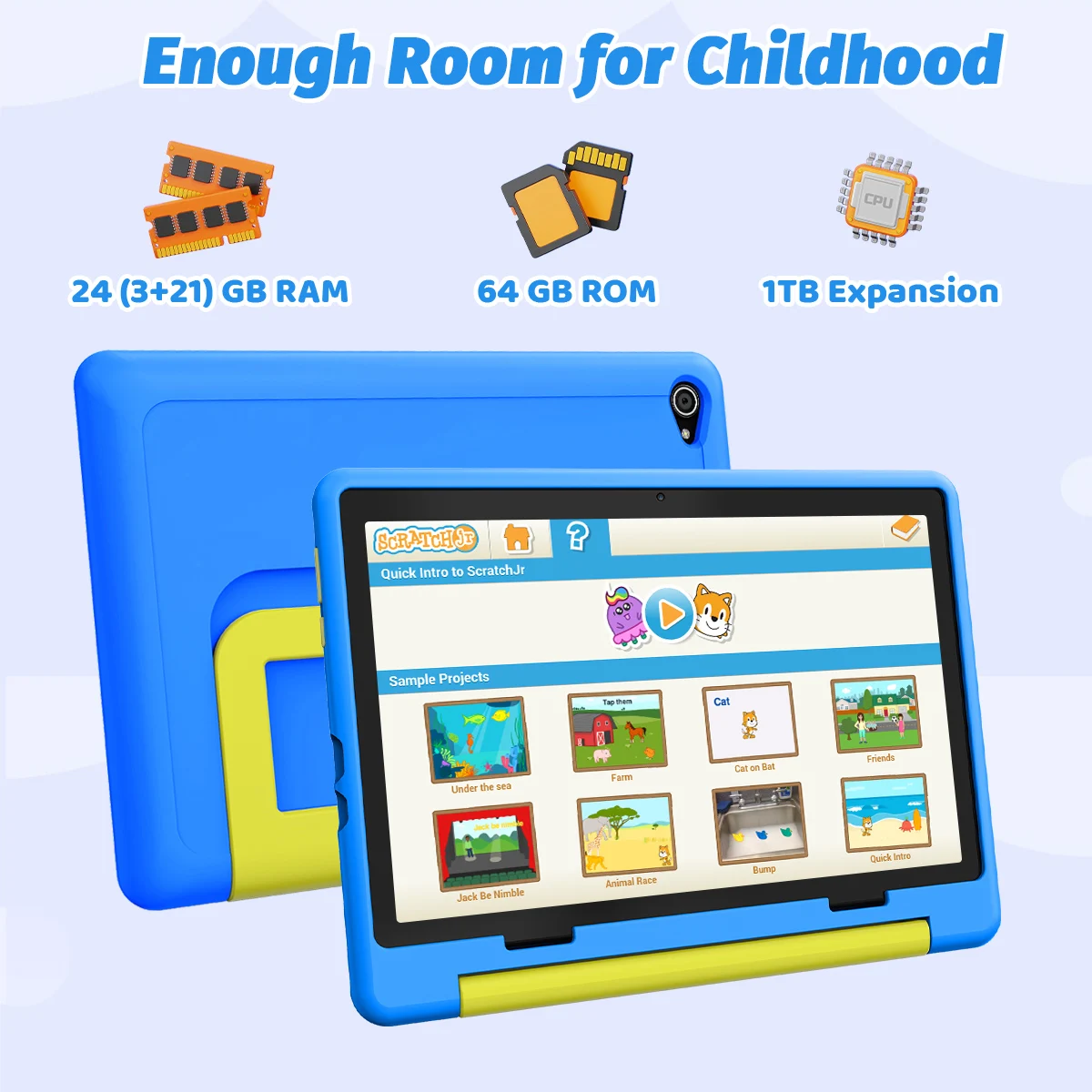 URAO KB1016 10.1 Inch Kids Tablet PC 20GB RAM 64GB ROM Android 16 IPS HD 800*1280 Display 5000mAh Children Learning Tablet Support TF Card 1TB Expand Back To School Educational Kids Tablet Purple & Blue