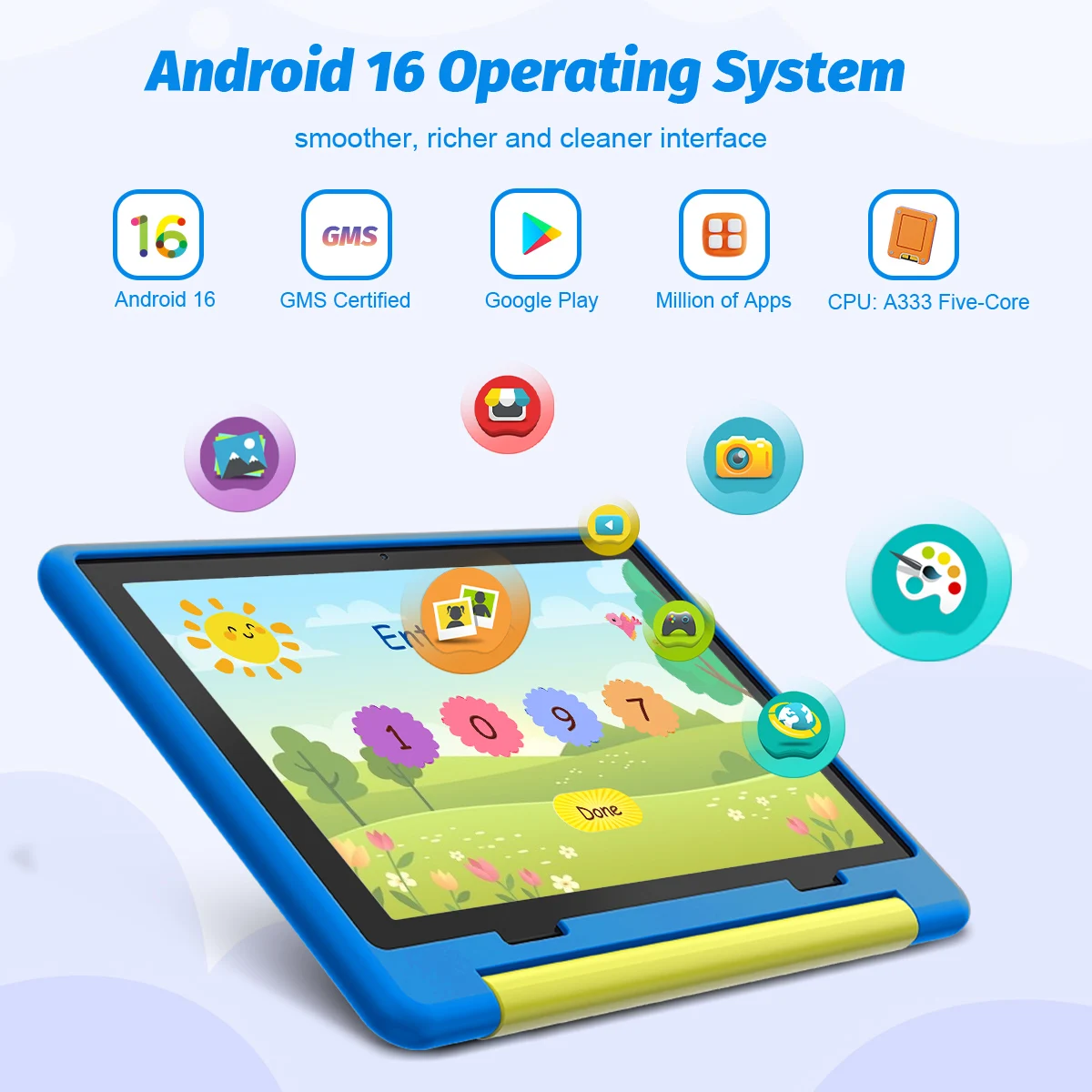URAO KB1016 10.1 Inch Kids Tablet PC 20GB RAM 64GB ROM Android 16 IPS HD 800*1280 Display 5000mAh Children Learning Tablet Support TF Card 1TB Expand Back To School Educational Kids Tablet Purple & Blue
