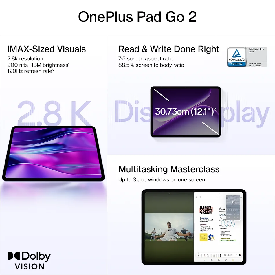 OnePlus Pad Go 2 Global Version Tablet 12.1" 120Hz 2.8K Display Dimensity 7300-Ultra 10050mAh Battery 128GB 256GB Android Tablet