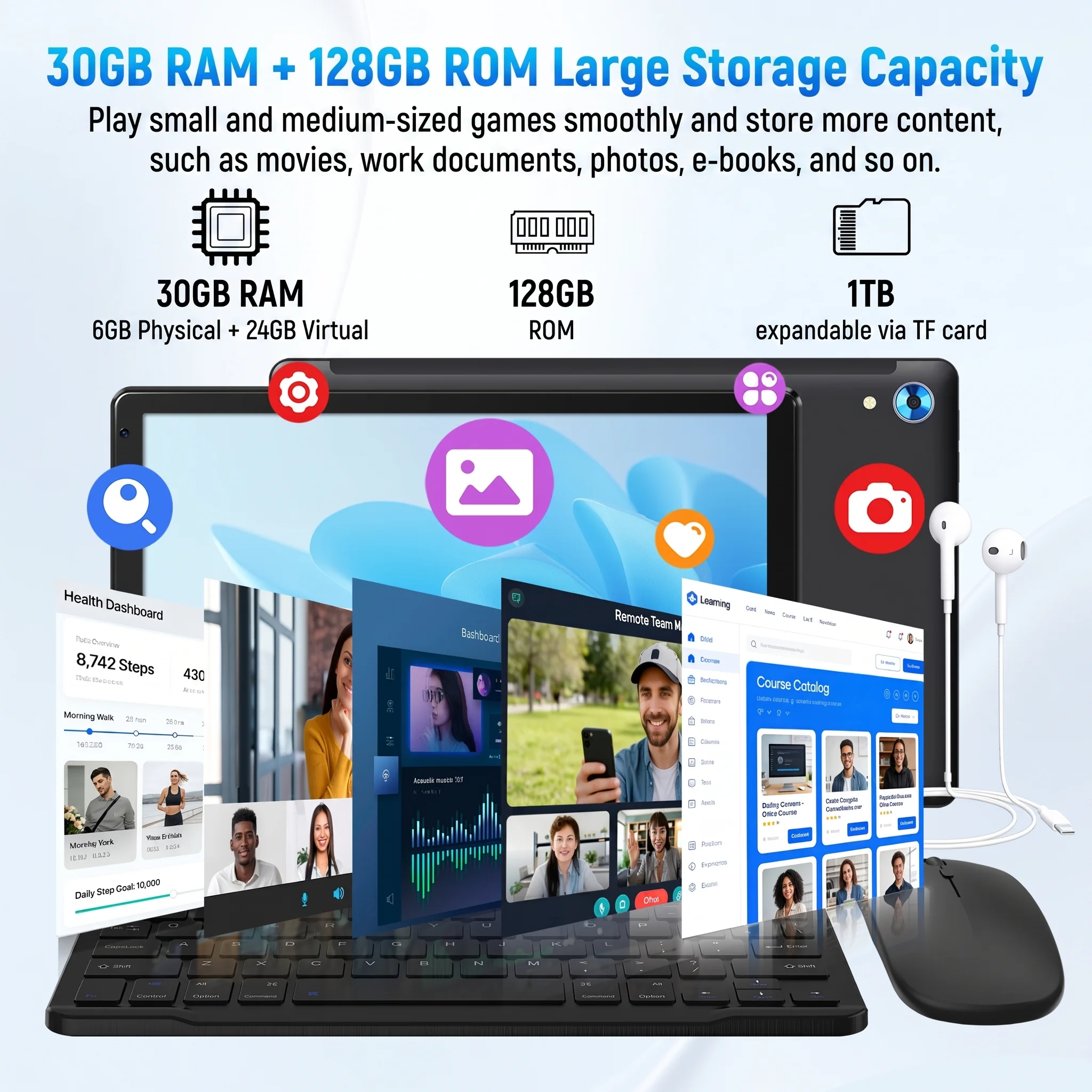 X108 Tablet 10.1 Inch 30GB(6G+24G) RAM 128GB ROM Android 16 Octa‑Core IPS Display 6000mAh New Upgrade Complete Accessory Set for Student Back To School Learning Entertainment Black
