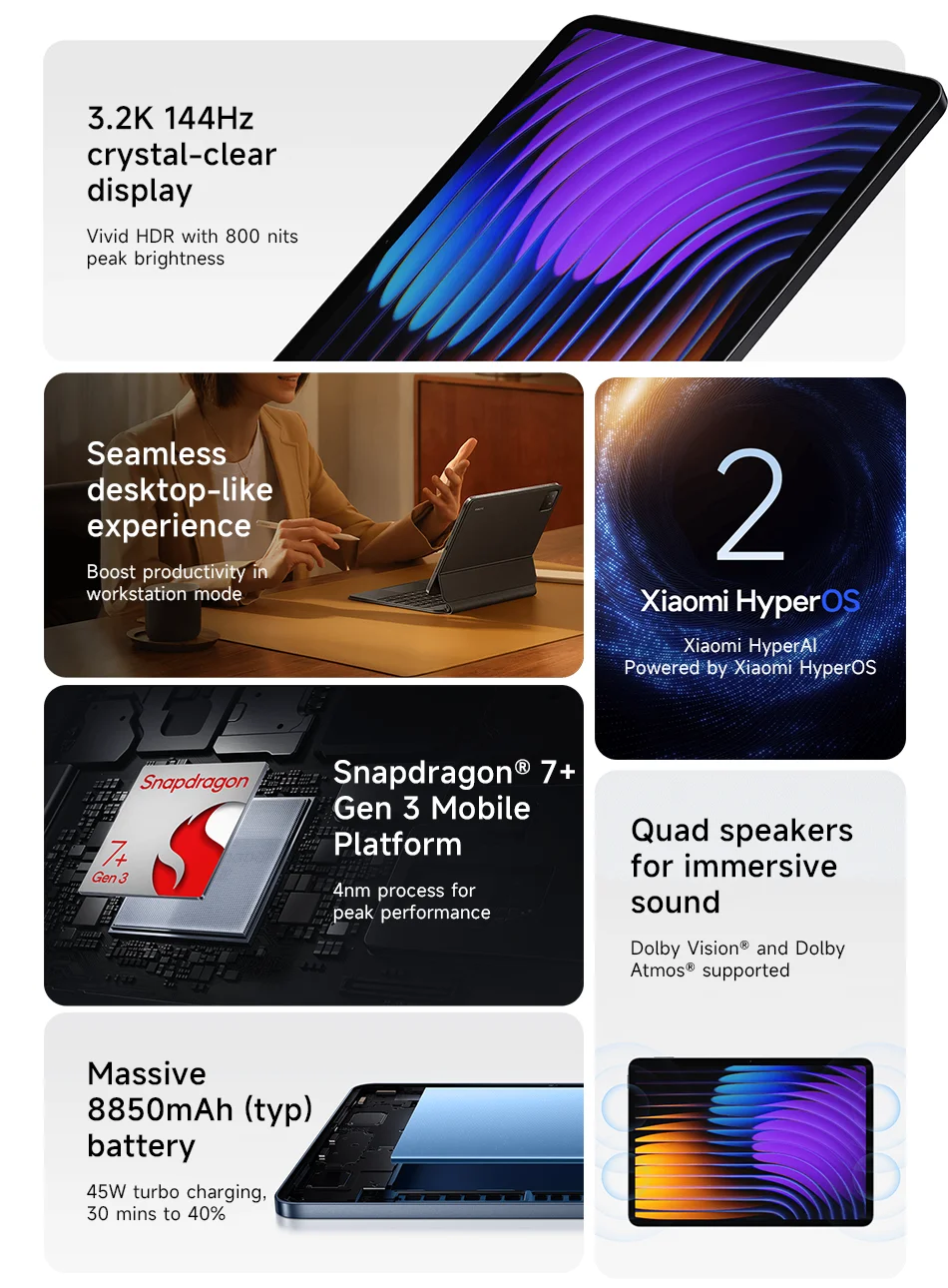 Xiaomi Pad 7 Tablets Global Version Snapdragon 7+ Gen 3 11.2'' 3.2K 144Hz Display 8850mAh 45W Turbo Charging 128GB/256GB