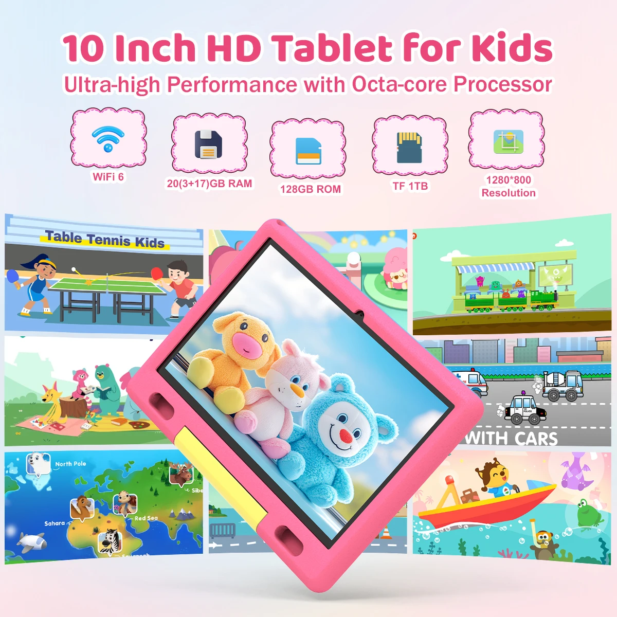 URAO KT1026 10.1 Inch Kids Octa Core Tablet PC Widevine L1 Certified Android 15 20GB(3+17GB Virtual) RAM 128GB ROM 5000mAh HD 1280*800 Screen Pink Blue Purple 3 Colors Children Learning Tablet TF 1TB Expand Streaming Education Tablet