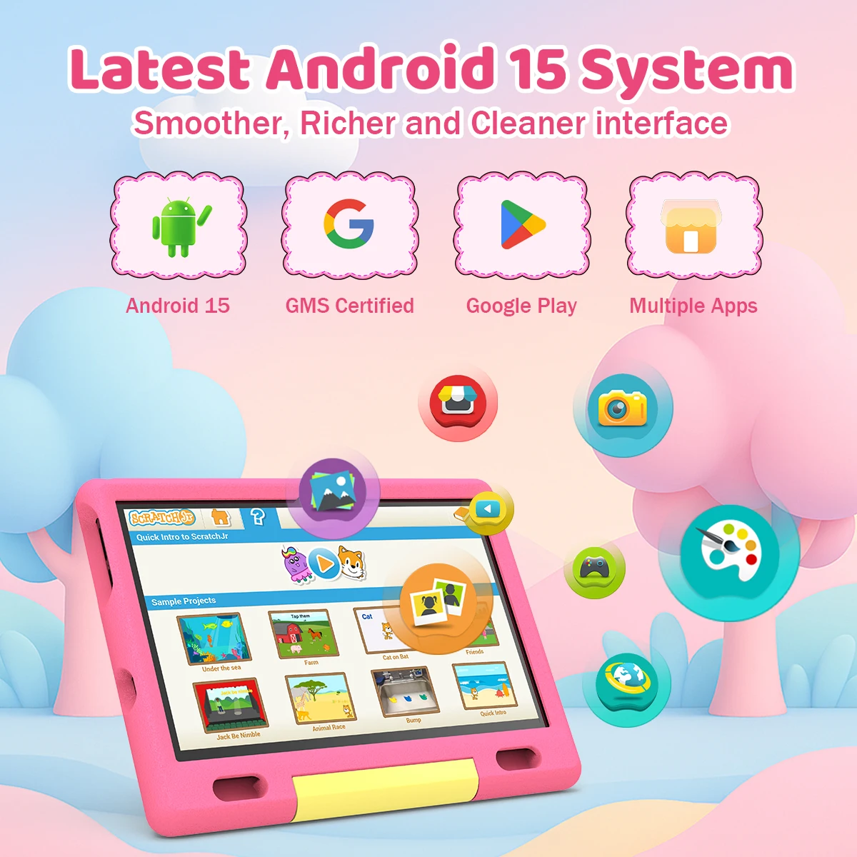 URAO KT1026 10.1 Inch Kids Octa Core Tablet PC Widevine L1 Certified Android 15 20GB(3+17GB Virtual) RAM 128GB ROM 5000mAh HD 1280*800 Screen Pink Blue Purple 3 Colors Children Learning Tablet TF 1TB Expand Streaming Education Tablet