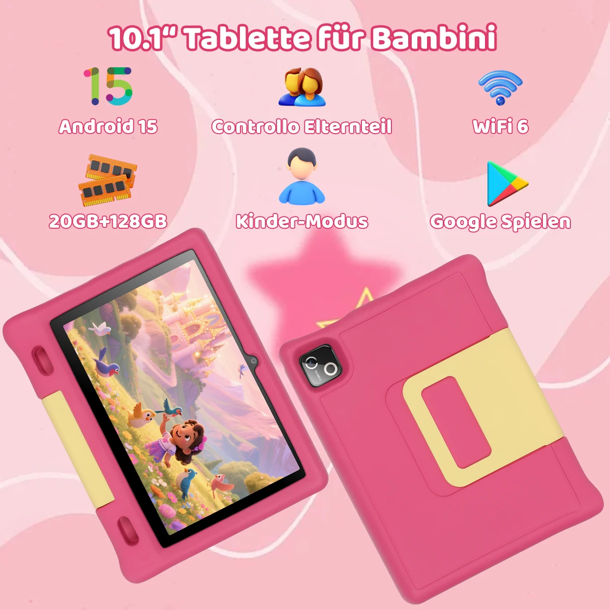 URAO KT1026 10.1 Inch Kids Octa Core Tablet PC Widevine L1 Certified Android 15 20GB(3+17GB Virtual) RAM 128GB ROM 5000mAh HD 1280*800 Screen Pink Blue Purple 3 Colors Children Learning Tablet TF 1TB Expand Streaming Education Tablet
