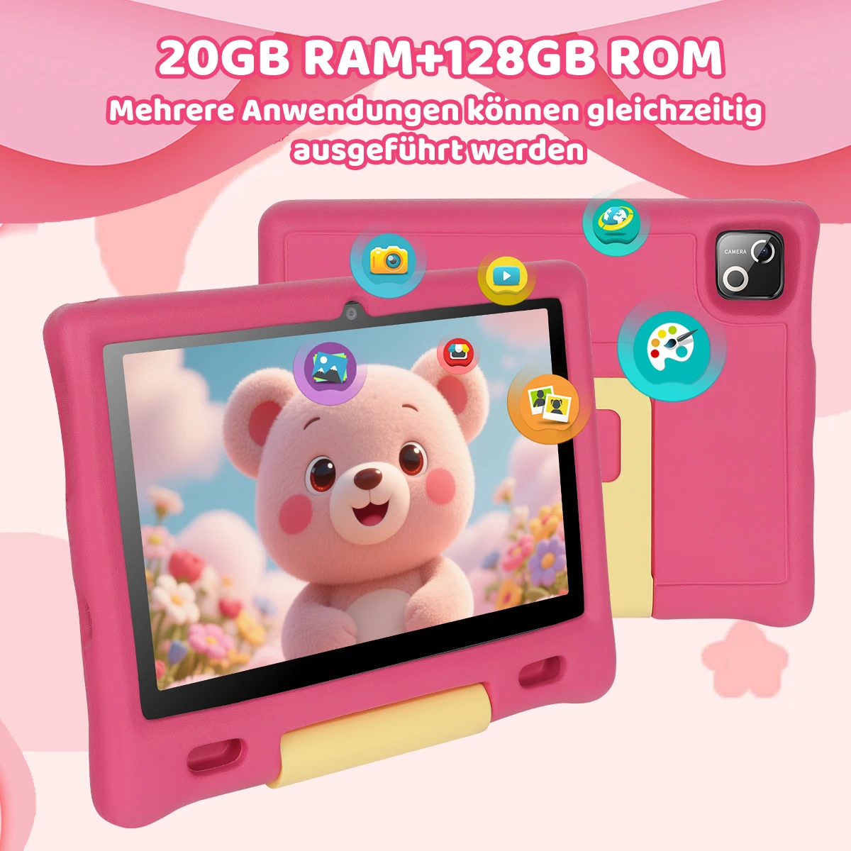 URAO KT1026 10.1 Inch Kids Octa Core Tablet PC Widevine L1 Certified Android 15 20GB(3+17GB Virtual) RAM 128GB ROM 5000mAh HD 1280*800 Screen Pink Blue Purple 3 Colors Children Learning Tablet TF 1TB Expand Streaming Education Tablet